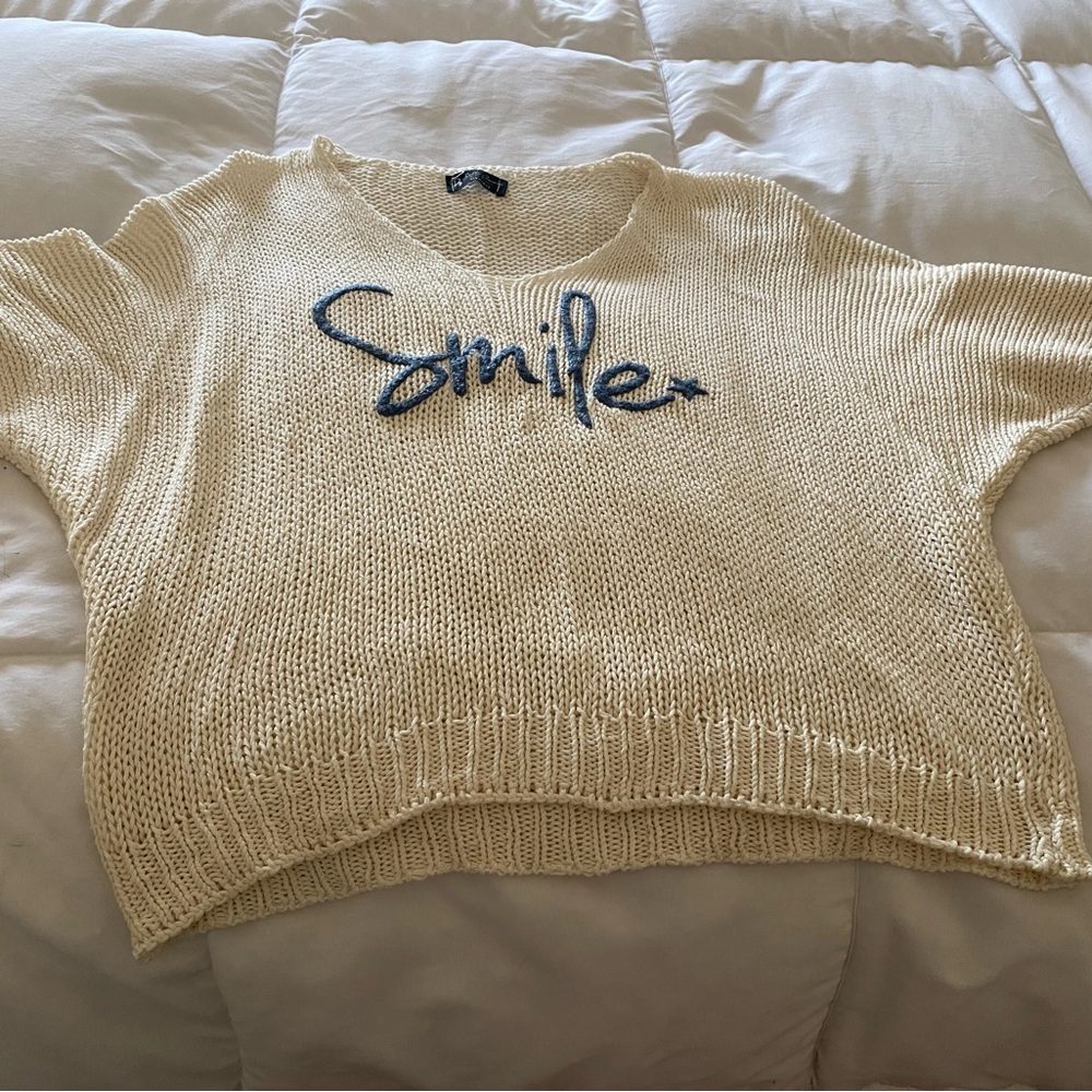 Women's Cream Sweater with Blue Embroidery
